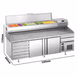 Table réfrigérée à pizza Premium PLUS - 2305 x 800 mm - avec 2 portes & 7 tiroirs - incl. vitrine réfrigérée de présentation - 10x GN 1/3