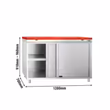 Rozsdamentes acél munkaszekrény PREMIUM - 1200x700 mm - tolóajtós, 2 ajtós - tart.: HACCP vágódeszka, piros