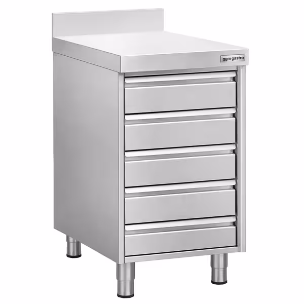 Meuble bas à tiroirs - Acier inoxydable - avec 5 tiroirs & dosseret 100mm - 500x700mm