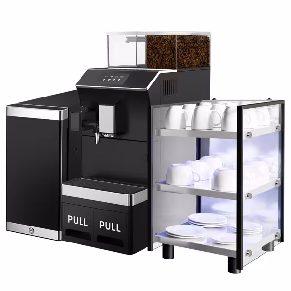 Professionele volautomatische espressomachine - 16 drankopties - 5" touchscreen - 1 bonenreservoir - incl. versmelksysteem - incl. Kopjeswarmer & melkkoelkast