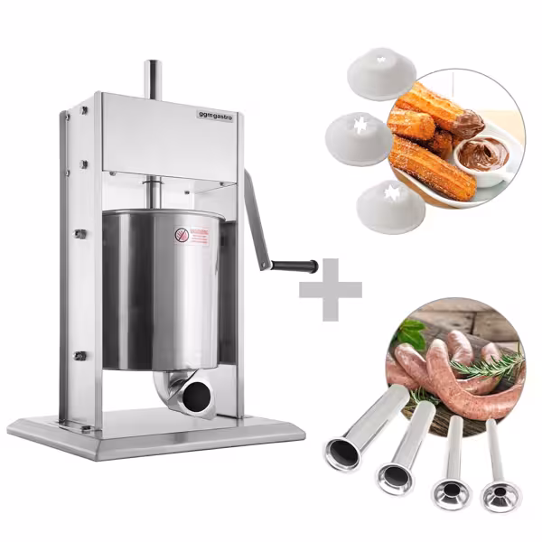 Poussoir à saucisses PROFESSIONNEL manuel vertical & Machine à churros - 10L - Acier inoxydable - incl. 4 entonnoirs à saucisse & 3 embouts à churros