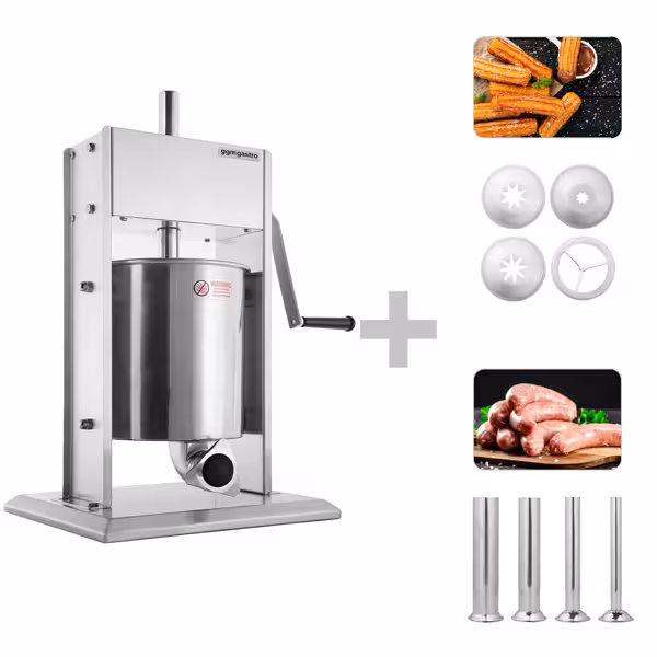Ruční plnička klobás & stroj na churros profesionální - 10 l - nerezová ocel - vertikální - včetně 4 nástavců na plnění klobás a 3 nástavců na churros