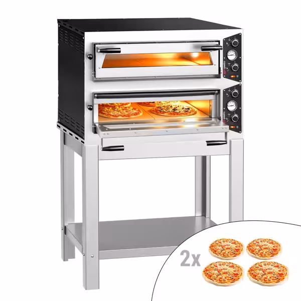 Elektrische pizzaoven (chamotte bakvloer) - 917x884x1499mm - 2 kamers - 2x4 pizza’s Ø30cm - tot 450°C - Handmatig - incl. onderstel