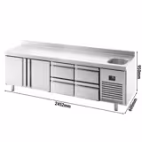 Masă frigorifică PREMIUM PLUS - 2452x600 mm - 510 L - cu 2 uși - cu 4 sertare - bordură - blat lucru