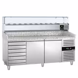 Commercial Pizza Prep Counter - Granite Top ECO - 2025x800mm - with 2 doors & 7 drawers - incl. refrigerated topping unit - 9x GN 1/3