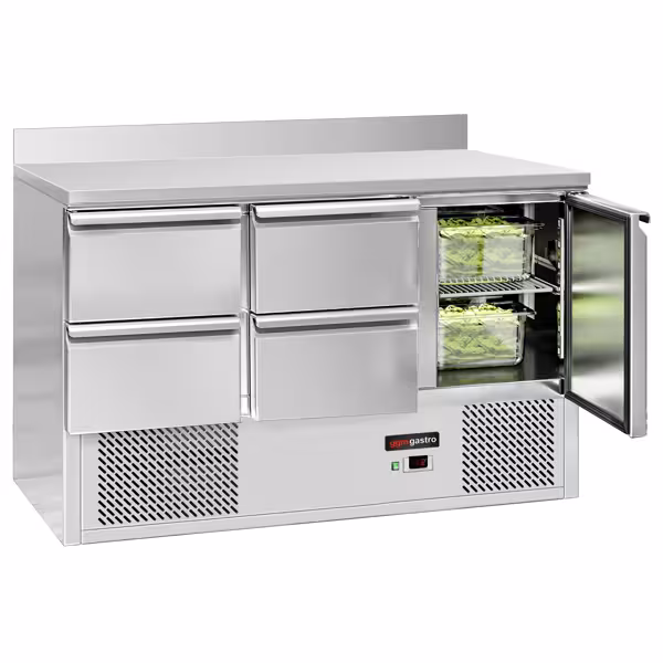 Saladette / Pizzakühltisch ECO - 1,37 x 0,7 m - mit 1 Tür, 4 Schubladen & Aufkantung