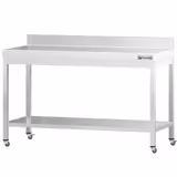 Edelstahl Arbeitstisch PREMIUM - 1500x600mm - mit Grundboden, Aufkantung & Rollen