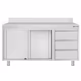 Szafka robocza ze stali nierdzewnej ECO - 1400x600mm - z 3 szufladami po prawej stronie, drzwiami suwanymi, z rantem