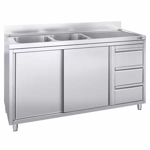 Spoelbakkast - 1600x700mm - met 3 laden & 2 spoelbakken links