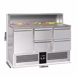 Saladette de Pizzas PREMIUM - 1368mm - 402L - 1 porta e 4 gavetas - com encaixe para 8x GN 1/6 & Tampa em aço inox - bancada em granito preto