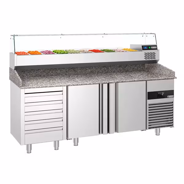 Banco pizza refrigerato PREMIUM - 2100x800mm - con 2 porte & 5 cassetti - piano in granito - con vetrina ingredienti refrigerata superiore - 10x GN 1/3