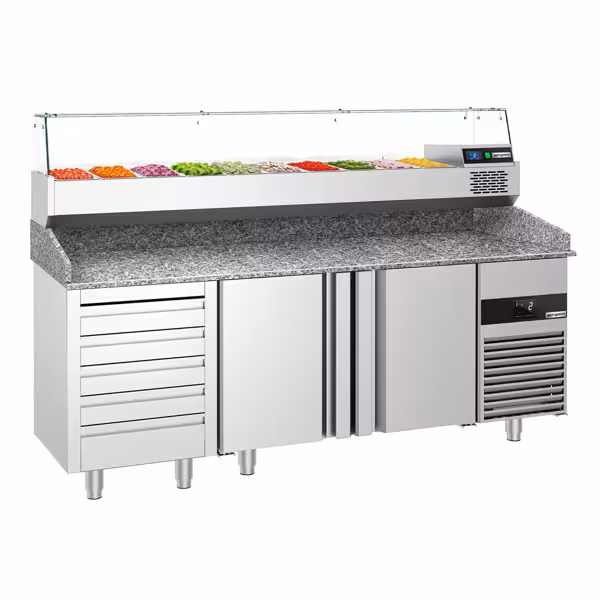 طاولة تحضير بيتزا مبردة PREMIUM - 2100x800 mm - مع بابان - سطح عمل جرانيت - شامل وحدة تبريد علوية - 10x GN 1/3