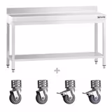 Edelstahl Arbeitstisch PREMIUM - 1600x600mm - mit Grundboden, Aufkantung & Rollen