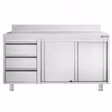 Arbetsskåp i rostfritt stål PREMIUM - 1400x600 mm - med 2 skjutdörrar, 3 lådor vänster