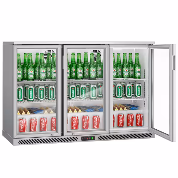 Commercial Back Bar Display Fridge  - 1350mm - 320 liters - with 3 glass swing doors - Grey
