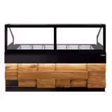 Saladetti TORONTO - 2 550 mm - 1 680 l - puukuvioitu etupaneeli - 4 ovea - kulmikas lasisuoja 6x GN 1/1 varten & 1 hylly - musta graniittityötaso