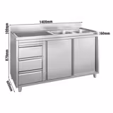 Dolaplı Yıkama Tezgahı -1400x600mm - 3 Çekmeceli & 2 sağ evyeli