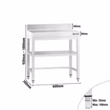 Edelstahl Arbeitstisch PREMIUM - 600x700mm - mit Grundboden, Aufkantung & Verstrebung