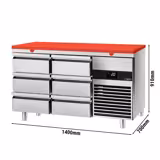 Commercial Counter Fridge PREMIUM - 1400x700mm - with 6 drawers - incl. cutting board red