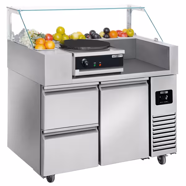 Commercial Refrigerated Prep Table PREMIUM - Glass Top - 2 Doors - 1210 mm - for 9× GN 1/6 - Crepes device 3 kW (230V) included
