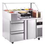 Comptoir de préparation réfrigéré professionnelle - 1210x700mm - avec 1 Porte & 2 Tiroirs - Vitrine de comptoir 9x GN 1/6 - incl. Appareil à crêpes & Spatule en bois
