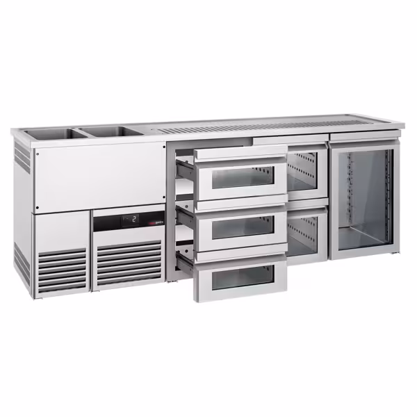 Dispensador de cerveza de barril PREMIUM - 2500x700mm - 1 puerta de cristal & 5 cajones de cristal
