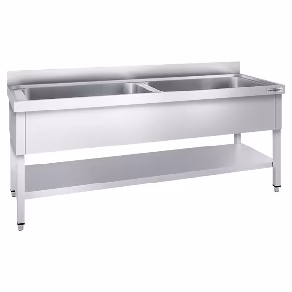 Stół zlewozmywakowy do mycia garnków Premium - 2000x600mm - z dolną półką & 2 zlewami