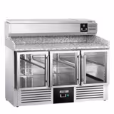 Banco pizza refrigerato PREMIUM - 1400x700mm - con 3 porte in vetro - piano in granito - con vetrina ingredienti refrigerata superiore - 6x GN 1/4