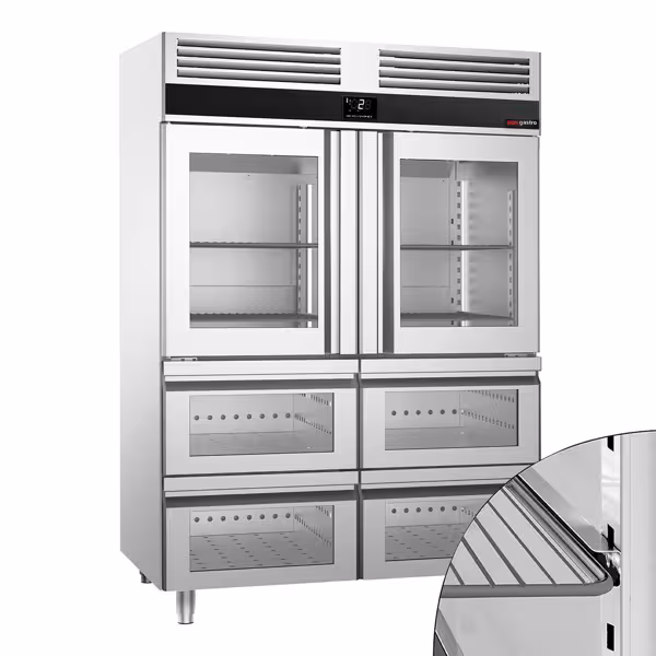 Koelkast met glasdeur RVS PREMIUM - GN 1/1 - GN 2/1 - 1400mm - 1400liter - tot -2°C tot +8°C - met 2 glasdeuren - geforceerde koeling, LED‑verlichting & legroosters