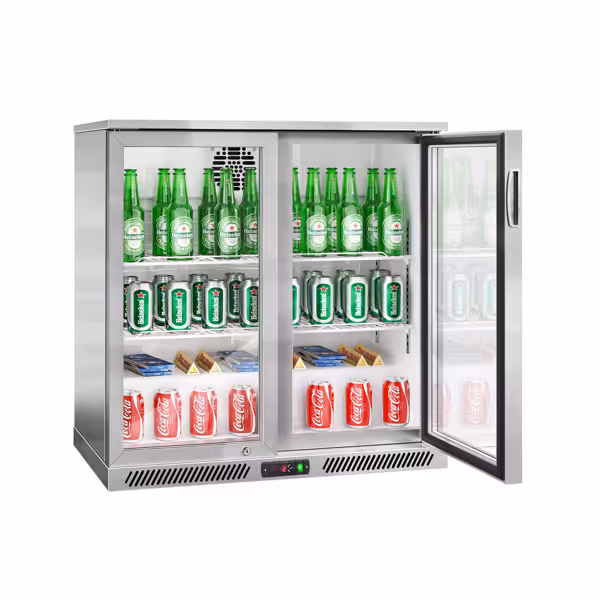 Barkühlschrank - 900mm - 220 Liter - mit 2 Glasflügeltüren - Edelstahl