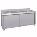 Dřezová skříňka ECO - nerezová ocel AISI 304 - 2000x600 mm - posuvné dveře - s odkapávací plochou vlevo - s odkapávací plochou vpravo - s 2 dřezy uprostřed