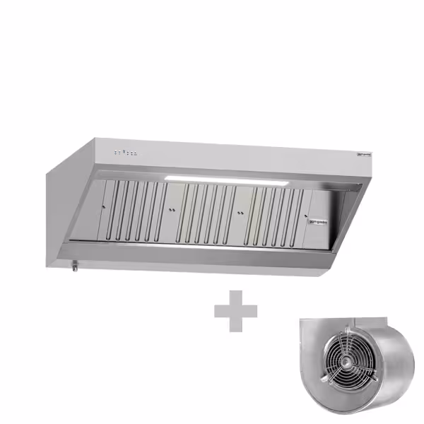 Wandafzuigkap RVS - 700mm diep - 1600mm - met motor - compleet - met standen snelheidsregelaar, 3 labyrintfilters en verlichting - 1400m³/u