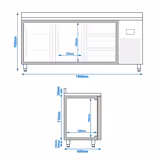 Koelwerkbank PREMIUM PLUS - 1960x600mm - 385 liter - met 2 deuren - met 3 lades - met opstand