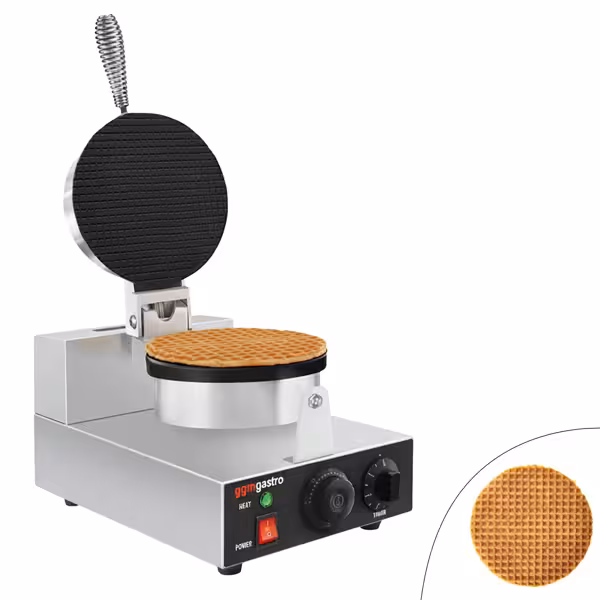Wafelijzer - Enkel - Handmatige temperatuurregeling - 1,30kW - Vorm: Eishörnchen - Ø 190mm - bakplaten met antiaanbaklaag (Teflon)