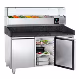 Commercial Pizza Prep Counter - Granite Top PREMIUM - 1500x800mm - with 2 doors - incl. refrigerated topping unit with glass sneeze guard - 7x GN 1/4