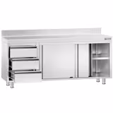 Nerezová pracovní skříňka PREMIUM - 2000x700 mm - se 3 zásuvkami vlevo a s posuvnými dveřmi - se zadním lemem