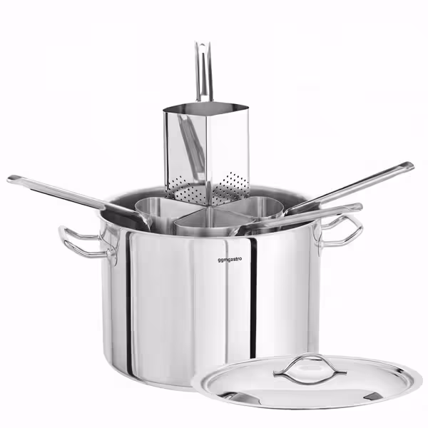 Pentola per pasta professionale - Acciaio inox 18/10 - 32L - Ø 400mm - Altezza: 220mm - incl. 4 colini da cucina - con maniglie resistenti al calore; fondo sandwich - compatibile con induzione; gas; ceramica; elettrica