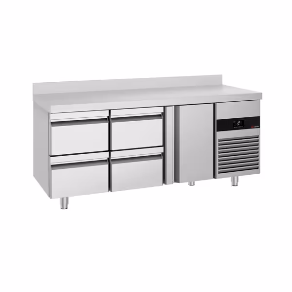 Mostrador refrigerado PREMIUM - 1865x700mm - de trabajo con peto trasero - 1 puerta y 4 cajones - GN 1/1 - refrigeración ventilada