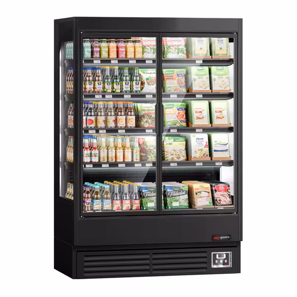 Vitrine murale réfrigérée - 1320mm - 595L - avec 2 portes battantes vitrées & 4 étagères - Noir