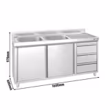 Commercial Sink Cabinet PREMIUM - 1600x600mm - with 2 bowls left-hand - 3 drawers
