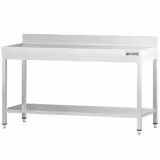 Rozsdamentes acél munkaasztal PREMIUM - 1800x700 mm - alsó polccal - hátsó peremmel