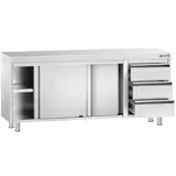Kuhinjski radni pult od nehrđajućeg čelika PREMIUM - 2000x600 mm - Sa 3 ladice na desnoj strani, bez poleđine 