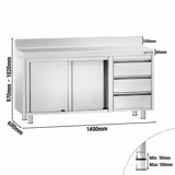 Radni ormarić od plemenitog čelika PREMIUM - 1400x600 mm - Sa 3 ladice na desnoj strani & poleđinom