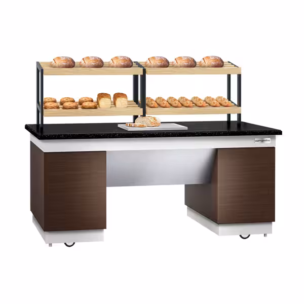Bakery Display Counter DUBLIN - 2000mm - with 2 shelves - on castors - black granite worktop
