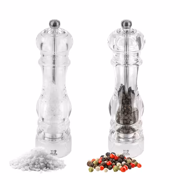 (12 pieces) PEUGEOT | NANCY Salt & Pepper Mill Set – Acrylic - 22 cm - Steel Salt & 2-Stage SS Pepper