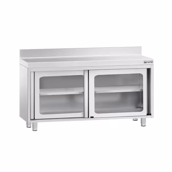 Szafka robocza ze stali nierdzewnej PREMIUM – 1400 x 700 mm – z przesuwanymi drzwiami szklanymi i nadstawką