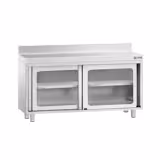 Table armoire en acier inoxydable PREMIUM - 1400x600mm - avec portes coulissantes vitrées - avec dosseret