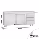 Szafka robocza ze stali nierdzewnej ECO - 1800x700mm - z drzwiami suwanymi, 3 szuflady po prawej stronie
