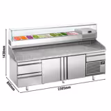 Banco pizza refrigerato PREMIUM PLUS - 2305x800mm - con 2 porte & 2 cassetti - piano in granito - con vetrina ingredienti refrigerata superiore - 11x GN 1/4
