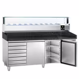Table réfrigérée à pizza PREMIUM - 2000x800 mm - avec 2 portes & 7 tiroirs - incl. vitrine réfrigérée LED - 10x GN 1/4